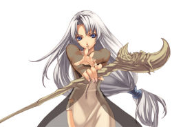 Rule 34 | 1girl, blue eyes, chaos wars, coat, crescent, crescent moon, foreshortening, hirano katsuyuki, little snow, long hair, low-tied long hair, moon, rod, see-through, simple background, solo, spectral (series), spectral force, staff, white background, white hair