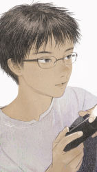 Rule 34 | 1boy, black-framed eyewear, black eyes, black hair, close-up, controller, expressionless, from side, game controller, glasses, grey background, hands up, highres, holding, holding controller, holding game controller, looking away, male focus, matayoshi, original, parted lips, shirt, simple background, solo, upper body, white shirt