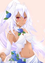 Rule 34 | 1girl, armpits, azur lane, bare shoulders, beige background, blue flower, blue rose, blush, bodypaint, breasts, center opening, commentary request, crop top, crossed bangs, dark-skinned female, dark skin, detached sleeves, dress, facepaint, flower, groin, hair between eyes, hair ornament, high ponytail, highres, long hair, looking at viewer, medium breasts, midriff, minneapolis (azur lane), minneapolis (trapper white) (azur lane), native american, navel, official alternate costume, origami aya, ponytail, red eyes, revealing clothes, rose, shirt, shirt tug, sidelocks, signature, simple background, skirt, sleeveless, sleeveless shirt, smile, solo, sparkle, standing, upper body, wedding dress, white hair, white shirt, white skirt, white sleeves