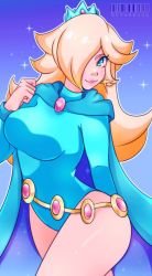 Rule 34 | 1girl, blonde hair, blue background, blue cape, blue eyes, blue leotard, blush, breasts, cape, cosplay, cresscin, crown, dc comics, earrings, hair over one eye, jewelry, large breasts, leotard, long hair, long sleeves, looking at viewer, mario (series), nintendo, parted lips, princess, raven (dc), raven (dc) (cosplay), rosalina, smile, sparkle, standing, super mario galaxy, superhero costume, teen titans, teeth