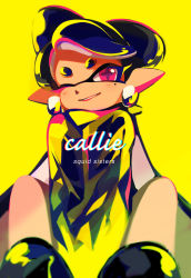 Rule 34 | + +, 1girl, artist name, black footwear, black hair, black jacket, callie (splatoon), character name, chromatic aberration, commentary, cursive, earrings, english commentary, english text, foreshortening, grin, highres, inkling, jacket, jewelry, long hair, looking at viewer, mole, mole under eye, nintendo, one eye closed, pointy ears, purple eyes, seto (asils), shoes, signature, sitting, smile, solo, splatoon (series), splatoon 1, tentacle hair, v arms, yellow background