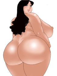 Rule 34 | 1girl, ass, black hair, blush, breasts, dimples of venus, doomcomic, fat, from behind, huge ass, huge breasts, long hair, looking at viewer, looking back, nude, open mouth, original, simple background, smile, solo, white background