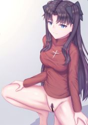 Rule 34 | 1girl, bar censor, black hair, blue eyes, bottomless, breasts, censored, cross print, fate/stay night, fate (series), female pubic hair, long hair, long sleeves, medium breasts, ohguro mariya, print sweater, pubic hair, red sweater, solo, spread legs, squatting, sweater, tohsaka rin, two side up