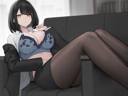 Rule 34 | 1girl, black hair, black jacket, black skirt, bra, breasts, brown pantyhose, cleavage, collarbone, collared shirt, commentary request, couch, dress shirt, grey bra, hayabusa, highres, indoors, jacket, large breasts, long sleeves, looking at viewer, mole, mole on breast, mole under mouth, non-web source, off shoulder, open clothes, open jacket, open shirt, orange eyes, original, pantyhose, parted lips, pencil skirt, shirt, short hair, sitting, skirt, solo, thighs, underwear, white shirt