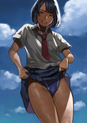 Rule 34 | 1girl, absurdres, bad id, bad pixiv id, black hair, blue eyes, breast pocket, clothes lift, cloud, competition swimsuit, cowboy shot, day, gradient background, grin, highres, looking at viewer, md5 mismatch, necktie, one-piece swimsuit, original, pleated skirt, pocket, red necktie, school uniform, short hair, short sleeves, skirt, skirt lift, sky, smile, solo, swimsuit, swimsuit under clothes, teeth, yomu (sgt epper)