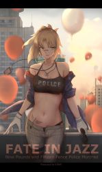 Rule 34 | 1girl, absurdres, ahoge, alternate costume, artist name, balloon, bandaid, black panties, blonde hair, caption, cigarette, cjmy, cloud, cloudy sky, commentary request, crop top, day, dog tags, fate/apocrypha, fate/grand order, fate/stay night, fate (series), gloves, green eyes, gun, halterneck, handgun, highres, holding, holding gun, holding weapon, id card, jacket, jacket over shoulder, unworn jacket, letterboxed, midriff, mordred (fate), mordred (fate/apocrypha), navel, off shoulder, open fly, panties, pants, sky, tattoo, thigh strap, toy block, unbuttoned pants, underwear, urban, weapon, white gloves