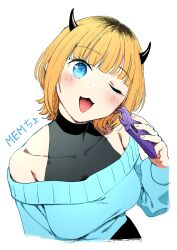 Rule 34 | 1girl, :3, absurdres, bare shoulders, black shirt, blonde hair, blue eyes, blue sweater, blush, breasts, character name, covered collarbone, demon horns, fake horns, fang, highres, holding, holding phone, horns, medium breasts, mem-cho, multicolored hair, one eye closed, open mouth, oshi no ko, phone, roots (hair), shirt, simple background, solo, sweater, user veuu5337, white background