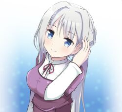 Rule 34 | 1girl, blue background, blue eyes, blush, bow, bowtie, breasts, cleavage, collared shirt, grey hair, hair bun, hair intakes, hand in own hair, head tilt, impossible clothes, impossible shirt, kokubou (nanamikeiroha), long hair, looking at viewer, magia record: mahou shoujo madoka magica gaiden, mahou shoujo madoka magica, medium breasts, mizuna girls&#039; academy school uniform, official alternate costume, pink bow, pink bowtie, ponytail, portrait, purple shirt, school uniform, shirt, sidelocks, simple background, single hair bun, smile, solo, swept bangs, upper body, white shirt, yakumo mitama