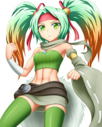 Rule 34 | armpits, belt, cowboy shot, detached sleeves, duel monster, gradient hair, green eyes, green hair, green thighhighs, headband, miniskirt, multicolored hair, orange hair, pataneet, reeze, whirlwind of gusta, ribbon, skirt, solo, strapless, symbol-shaped pupils, thighhighs, tube top, twintails, v-shaped eyebrows, white background, yu-gi-oh!, yu-gi-oh! duel monsters