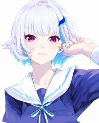 Rule 34 | 1girl, absurdres, arm up, blue shirt, closed mouth, colored inner hair, hair ornament, hairclip, hand in own hair, highres, lize helesta, lize helesta (4th costume), long sleeves, looking at viewer, multicolored hair, neck ribbon, nijisanji, purple eyes, ribbon, sailor collar, shirt, short hair, simple background, solo, straight-on, takamiya2222, virtual youtuber, white background