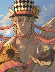Rule 34 | 1boy, artist name, bara, blonde hair, bubble, caesar anthonio zeppeli, catneylang, cloud, cloudy sky, collarbone, day, derivative work, facial mark, feather hair ornament, feathers, fingerless gloves, flower, gloves, green eyes, hair between eyes, hair ornament, hat, highres, hydrokinesis, jacket, jojo no kimyou na bouken, large pectorals, looking at viewer, male focus, neck ribbon, one eye closed, outdoors, pectoral cleavage, pectorals, ribbon, sky, smile, solo, sunflower, upper body, water