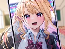 Rule 34 | 1girl, adjusting hair, blazer, blonde hair, bow, bowtie, cardigan, chalkboard, chigusa minori, classroom, collared shirt, earrings, fingernails, grey jacket, gyaru, hand in own hair, indoors, jacket, jewelry, long hair, long sleeves, looking at viewer, multicolored eyes, nail polish, necklace, official art, open collar, open mouth, original, picture frame, pink eyes, purple bow, purple bowtie, purple eyes, purple nails, purple trim, school uniform, shirt, sleeves past wrists, solo, sparkle, striped bow, striped bowtie, striped clothes, thick eyelashes, white cardigan, white shirt