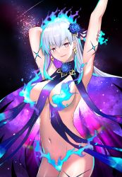 Rule 34 | 1girl, arm behind head, armpits, arms up, bare shoulders, blue fire, blush, body markings, bracelet, breasts, earrings, fate/grand order, fate (series), fire, flower, hair flower, hair ornament, hair ribbon, highres, jewelry, kama (fate), kama (swimsuit avenger) (fate), kama (swimsuit avenger) (third ascension) (fate), krdsan, large breasts, long hair, looking at viewer, lotus, multicolored hair, nail polish, navel, open mouth, purple hair, red eyes, revealing clothes, ribbon, silver hair, smile, solo, space, star (symbol), star earrings, thighs, two-tone hair