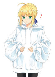 Rule 34 | 1girl, absurdres, ahoge, alternate costume, artoria pendragon (all), artoria pendragon (fate), bad id, bad pixiv id, blonde hair, blue ribbon, commentary request, fate (series), female focus, green eyes, hair ribbon, highres, hood, hood down, koujiro (kouziro 1), long sleeves, open mouth, ribbon, saber (fate), simple background, sleeves past wrists, solo, standing, sweater, white background, white sweater