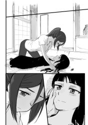 Rule 34 | 10s, 2girls, blush, casual, closed mouth, comic, commentary request, dress, greyscale, hair between eyes, hand on another&#039;s cheek, hand on another&#039;s face, highres, holding hands, interlocked fingers, kumichou (kumichoubox), kurosawa dia, looking at another, love live!, love live! sunshine!!, lying, matsuura kanan, mole, mole under mouth, monochrome, multiple girls, on back, ponytail, short sleeves, silent comic, sliding doors, yuri
