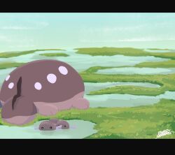 Rule 34 | absurdres, clodsire, closed mouth, creatures (company), day, game freak, grass, highres, letterboxed, nature, nintendo, no humans, outdoors, paldean wooper, pokemon, pokemon (creature), sakanagi (a r co ), signature, sky, solid circle eyes, water, wetland