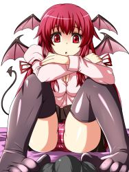 Rule 34 | 1girl, barefoot, black thighhighs, breasts, bulge, cleavage, collaboration, colorized, demon tail, feet, footjob, head wings, highres, koakuma, long hair, medium breasts, mini wings, panties, pantyshot, red eyes, red hair, red panties, samuimu, sitting, solo focus, striped clothes, striped panties, tail, thighhighs, toes, touhou, transparent background, underwear, white background, wings, yagami (mukage)
