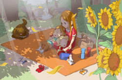 Rule 34 | 1girl, 2boys, blanket, blonde hair, boney, brothers, bush, claus (mother 3), dappled sunlight, family, flower, forest, grass, hinawa, holding hands, lap pillow, light, light rays, long hair, lucas (mother 3), mother (game), mother 3, mother and son, multiple boys, nanpou (nanpou0021), nature, nintendo, no shoes, open mouth, orange hair, picnic, picnic basket, red hair, shade, shirt, shoes, siblings, sleeping, smile, sneakers, striped clothes, striped shirt, sunbeam, sunflower, sunlight, tree, tree shade