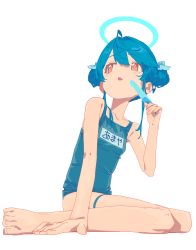 Rule 34 | 1girl, absurdres, amamiya kokoro, barefoot, blue hair, blue one-piece swimsuit, blush, breasts, double bun, food, hair between eyes, hair bun, halo, highres, holding, name tag, nijisanji, one-piece swimsuit, orange eyes, parted lips, popsicle, school swimsuit, simple background, sitting, small breasts, solo, swimsuit, virtual youtuber, white background, wuyue qinglu