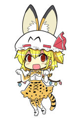 Rule 34 | 10s, 1girl, animal ears, blonde hair, bow, colonel aki, commentary request, cosplay, ears through headwear, elbow gloves, flandre scarlet, gloves, hat, kemono friends, looking at viewer, mob cap, necktie, open mouth, paw pose, red eyes, serval, serval (kemono friends), serval (kemono friends) (cosplay), serval print, shirt, shoes, side ponytail, skirt, sleeveless, sleeveless shirt, smile, solo, thighhighs, touhou, wings, yellow background