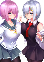 Rule 34 | asymmetrical docking, black dress, black legwear, blue eyes, blush, breast press, breasts, closed mouth, collarbone, cosplay, costume switch, cowboy shot, crossover, dress, fate/grand order, fate (series), grey skirt, hair ornament, hair over one eye, hairclip, hamakaze (kancolle), hamakaze (kancolle) (cosplay), highres, holding hands, interlocked fingers, jacket, kantai collection, large breasts, long sleeves, look-alike, looking at viewer, mash kyrielight, neckerchief, necktie, off shoulder, open clothes, open jacket, pantyhose, parted lips, pink hair, pleated skirt, purple eyes, red neckwear, school uniform, serafuku, shielder (fate/grand order) (cosplay), shirt, short hair, short sleeves, silver hair, simple background, skirt, smile, spider apple, standing, unaligned breasts, white background, white jacket, white shirt, yellow neckwear