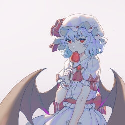 Rule 34 | 1girl, absurdres, blue hair, bow, candy apple, commentary, dress, eyebrows hidden by hair, flat chest, food, hat, highres, holding, licking, medium hair, mob cap, red bow, red eyes, red nails, remilia scarlet, slit pupils, solo, striped, striped bow, touhou, white dress, youpofen