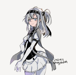 Rule 34 | 1girl, black headband, black sailor collar, bodysuit, cowboy shot, dated, elbow gloves, gloves, grey eyes, grey hair, headband, jacket, jacket on shoulders, kangoku kou, kantai collection, long hair, looking at viewer, neckerchief, one-hour drawing challenge, one side up, pantyhose, pleated skirt, sailor collar, simple background, skirt, solo, suzutsuki (kancolle), twitter username, white background, white bodysuit, white gloves, white neckerchief, white pantyhose, white skirt