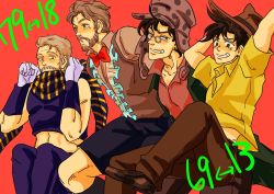 Rule 34 | 4boys, aged down, aged up, bad id, bad pixiv id, beard, bow, bowtie, brown hair, cosplay, costume switch, crop top, earrings, facial hair, glasses, gloves, green eyes, hat, jewelry, jojo no kimyou na bouken, joseph joestar, joseph joestar (old), joseph joestar (young), male focus, midriff, multiple boys, multiple persona, official alternate costume, scarf, shaketaraba, shorts, striped clothes, striped scarf, wristband