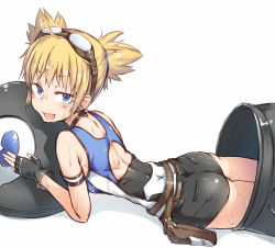 Rule 34 | 10s, 1girl, :d, animal costume, ass, blonde hair, cowboy shot, fang, goggles, goggles on head, granblue fantasy, lying, on stomach, open mouth, pengie, penguin costume, short hair, short twintails, shorts, simple background, smile, solo, spirytus tarou, sweat, twintails