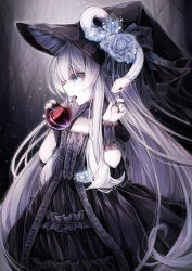 Rule 34 | 1girl, animal, animal on head, apple, bad id, bad pixiv id, black dress, black hat, black nails, blue eyes, blue flower, blue rose, bug, butterfly, colored skin, detached sleeves, dress, female pubic hair, flower, food, forest, frilled dress, frills, from side, fruit, goth fashion, hat, highres, insect, long hair, nail polish, nature, on head, open mouth, original, pubic hair, rose, shiro yurine, short sleeves, snake, solo, very long hair, white hair, white skin, witch hat