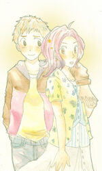 Rule 34 | 1boy, 1girl, digimon, izumi koshiro, jacket, looking at another, pink hair, smile, tachikawa mimi