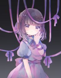 Rule 34 | 1girl, blouse, blush, bow, brown hair, child, choker, closed mouth, commission, dress, expressionless, fallenshadow, flat chest, grey shirt, hair bow, hair ribbon, hand on own face, highres, hiyuu (hiyualice), indie virtual youtuber, md5 mismatch, neck ribbon, pink bow, pink dress, pink eyes, resolution mismatch, ribbon, shirt, short hair, sidelocks, skeb commission, solo, source smaller, virtual youtuber