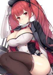 Rule 34 | 1girl, ass, azur lane, bad id, bad pixiv id, black jacket, black ribbon, black thighhighs, blush, breasts, brown thighhighs, cleavage, closed mouth, collarbone, curvy, dress, elbow gloves, gloves, hair ribbon, hand on headwear, hat, honolulu (azur lane), jacket, jacket on shoulders, large breasts, long hair, looking at viewer, open clothes, open jacket, peaked cap, red eyes, red hair, ribbon, short dress, sidelocks, simple background, skindentation, solo, taut clothes, taut dress, thighhighs, thighs, twintails, white background, white gloves, yuzu-aki