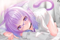 Rule 34 | 1girl, :3, absurdres, ahoge, all fours, animal collar, animal ears, bedroom, bent over, bespectacled, black collar, blue hair, blunt bangs, blush, cat ears, cat girl, cat tail, closed mouth, collar, collared shirt, commentary, dress shirt, fingernails, glasses, gradient hair, head tilt, highres, hololive, indoors, looking at viewer, medium hair, messy hair, multicolored hair, muutsu (maxwell0916), neck ribbon, nekomata okayu, nekomata okayu (oversized shirt), no pants, official alternate costume, on bed, purple-framed eyewear, purple eyes, purple hair, purple ribbon, ribbon, shirt, solo, tail, top-down bottom-up, virtual youtuber, white shirt