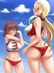 Rule 34 | 10s, 2girls, ass, ball, blonde hair, blue sky, blush, breasts, brown eyes, brown hair, cameltoe, cloud, commentary request, covered erect nipples, cowboy shot, cross-body stretch, day, from behind, girls und panzer, gluteal fold, green eyes, hair pulled back, hair ribbon, hairband, highres, holding, holding ball, kondou taeko, large breasts, long hair, looking at viewer, looking back, low ponytail, midriff, multiple girls, navel, open mouth, outdoors, p kotarou, playing sports, ponytail, red shirt, red shorts, ribbon, sasaki akebi, shiny skin, shirt, short hair, short shorts, shorts, sky, sleeveless, sleeveless shirt, sportswear, stretching, taut clothes, taut shirt, volleyball, volleyball (object), volleyball uniform