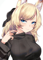 Rule 34 | 1girl, animal ear fluff, animal ears, arknights, black ribbon, black sweater, blonde hair, blue eyes, commentary, hair ribbon, hickey, highres, horse girl, long hair, long sleeves, looking at viewer, ribbed sweater, ribbon, simple background, smile, solo, sweater, swept bangs, thick eyebrows, turtleneck, turtleneck sweater, upper body, wakamepiza, whislash (arknights), white background