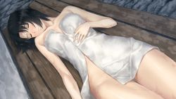 1girl black_hair blush breasts closed_eyes female_focus game_cg innocent_grey kara_no_shoujo_2 legs lying nude short_hair solo sugina_miki thighs towel unconscious wet