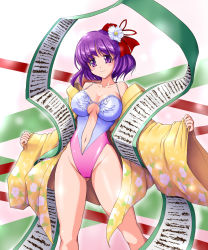 Rule 34 | 1girl, alternate breast size, angel leotard, breasts, cameltoe, cleavage, cosplay, dragon quest, flower, hair flower, hair ornament, hieda no akyuu, highres, japanese clothes, kimono, large breasts, leotard, aged up, open clothes, purple eyes, purple hair, raochuu, scroll, short hair, smile, solo, touhou, white leotard