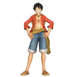 Rule 34 | 1boy, 3d, absurdres, black hair, denim, denim shorts, full body, hands on own hips, highres, male focus, monkey d. luffy, official art, one piece, one piece: pirate warriors, open clothes, open shirt, red shirt, sandals, scar, shirt, shorts, simple background, smile, solo, white background