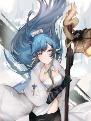 Rule 34 | 1girl, absurdres, arknights, blue eyes, blue hair, coat, commentary request, floating hair, grin, gupipy, highres, holding, holding staff, horns, ling (arknights), long hair, looking at viewer, necktie, open clothes, open coat, pointy ears, shirt, smile, solo, staff, strapless, strapless shirt, very long hair, white coat, white shirt, yellow necktie