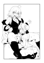Rule 34 | 2girls, absurdres, ahoge, angry, apron, armpits, artoria pendragon (all), artoria pendragon (alter swimsuit rider) (fate), artoria pendragon (fate), ass, bare shoulders, bikini, bikini top only, blush, boots, braid, breasts, choker, cum, cum in pussy, cumdrip, embarrassed, fate/grand order, fate (series), fellatio, fishine, futanari, highres, holding, penis grab, jacket, jeanne d&#039;arc alter (fate), jeanne d&#039;arc (fate), jewelry, knee boots, kneeling, large breasts, maid, maid headdress, monochrome, multiple girls, necklace, open mouth, oral, penis, ribbon, saber alter, short hair, swimsuit, thighhighs, thighs, third-party edit, uncensored, vest, waist apron, white apron, white background