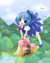 Rule 34 | 1girl, bird, cage, cat tail, chen, chen (cat), cirno, fairy, flying, futami yayoi, hair ribbon, hat, lake, majo no takkyuubin, mountain, multiple tails, parody, pink ribbon, ribbon, shoes, socks, solo, tail, tears, touhou, tree, two tails, wings