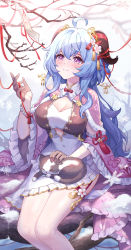 Rule 34 | 1girl, ahoge, alternate costume, animal, animal on lap, bare tree, blue hair, blush, bracelet, breasts, capelet, cat, cleavage, cleavage cutout, clothing cutout, covered navel, day, detached sleeves, dress, feet out of frame, frilled dress, frilled sleeves, frills, fur-trimmed capelet, fur trim, ganyu (genshin impact), genshin impact, gou lianlian dogface, highres, horns, in tree, jewelry, large breasts, long hair, long sleeves, looking up, on lap, outdoors, paid reward available, parted lips, petting, pink capelet, purple eyes, sitting, smile, snow, solo, tassel, thighlet, tree, very long hair, white dress, wide sleeves