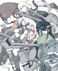 Rule 34 | 3girls, abyssal ship, air defense princess, aircraft carrier princess, ancient destroyer princess, black footwear, black hair, boots, cannon, drill hair, energy, gloves, hair over one eye, hakama, hakama skirt, hand to own mouth, headband, hose, japanese clothes, kantai collection, knee up, long hair, looking at viewer, machinery, mechanical parts, meiji schoolgirl uniform, mole, mole under eye, multicolored hair, multiple girls, ninimo nimo, parted bangs, purple eyes, red eyes, side drill, side ponytail, sidelocks, sitting, skirt, standing, streaked hair, teeth, turret, white hair