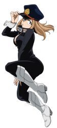 Rule 34 | 1girl, ass, black bodysuit, blonde hair, bodysuit, boku no hero academia, boots, breasts, cleavage, copyright name, curvy, full body, hat, high heel boots, high heels, large breasts, lips, official art, open clothes, peaked cap, shiny skin, simple background, solo, translation request, transparent background, utsushimi kemii, wide hips