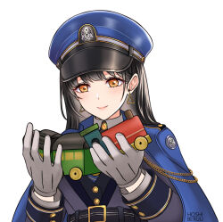 1girl black_hair blue_coat blue_hat blue_necktie breasts coat diesel_(nikke) earrings gloves goddess_of_victory:_nikke hat hoshiberuu jacket jacket_on_shoulders jewelry light_smile long_hair military_hat necktie smile solo standing toy toy_train triangle_earrings uniform white_gloves yellow_eyes