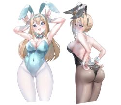 2girls adjusting_clothes adjusting_leotard alternate_costume animal_ears ass backless_leotard black_pantyhose blonde_hair blue_bow blue_bowtie blue_eyes blue_hairband blue_leotard blush bow bowtie breasts cleavage closed_mouth commentary covered_navel cropped_legs detached_collar dual_persona fake_animal_ears fake_tail girls&#039;_frontline hair_intakes hairband hashtag-only_commentary highres leotard long_hair looking_at_viewer multiple_girls official_alternate_hairstyle open_mouth pantyhose playboy_bunny rabbit_ears rabbit_pose rabbit_tail simple_background suomi_(girls&#039;_frontline) symbol-only_commentary tail upper_body wano117_wa white_background white_pantyhose