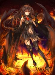 Rule 34 | 1girl, alternate costume, alternate weapon, arm cannon, asymmetrical footwear, black hair, black wings, blizzomos, boots, breasts, cape, dress, evil grin, evil smile, fire, grin, highres, long hair, medium breasts, mismatched footwear, navel, radiation symbol, red eyes, reiuji utsuho, smile, solo, thigh boots, thighhighs, third eye, torn clothes, touhou, very long hair, weapon, wings