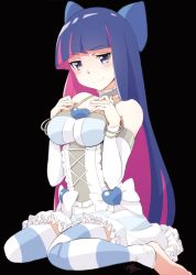 Rule 34 | 10s, 1girl, bare shoulders, black background, blue eyes, blush, bracelet, choker, colored inner hair, detached sleeves, dress, highres, jewelry, lolita fashion, long hair, multicolored hair, panty &amp; stocking with garterbelt, seiza, single toe, sitting, smile, solo, stocking (psg), striped clothes, striped thighhighs, suzumeko, thighhighs, toeless legwear, toes, two-tone hair