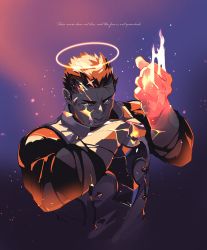 Rule 34 | 1boy, absurdres, angel, bara, beard, black bodysuit, black hair, bodysuit, clenched hand, commentary request, cracked skin, crew cut, english text, facial hair, fire, gradient background, halo, highres, large pectorals, male focus, mature male, muscular, muscular male, pectorals, purple background, shirt, short hair, sideburns, skin tight, solo, tokyo houkago summoners, torn clothes, torn shirt, ujino, upper body, zabaniyya (housamo)